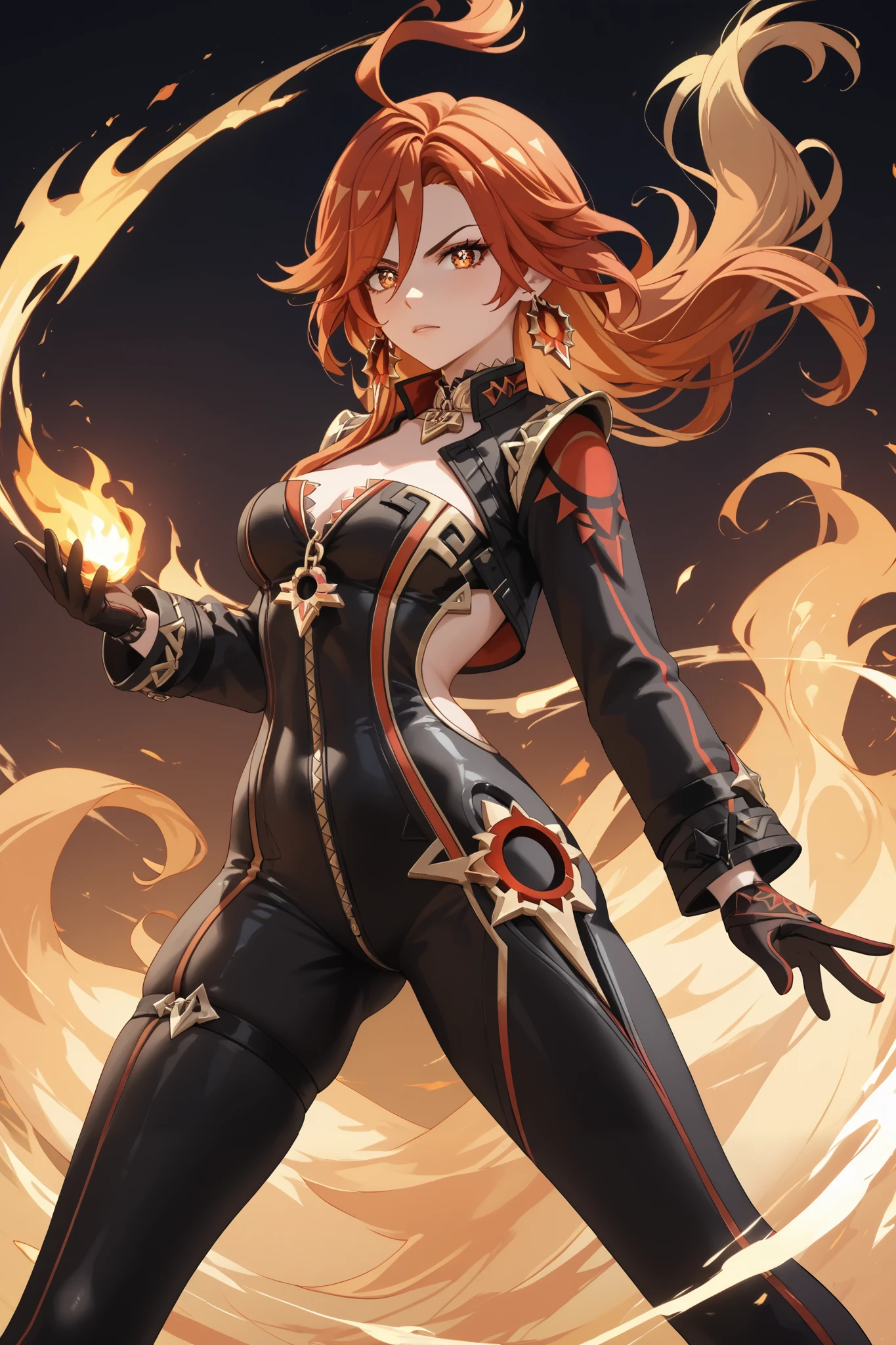 masterpiece, beautiful, ultra-detailed, detailed face, 4k, hd, perfect lighting, best quality, score_9, score_8_up, score_7_up, score_6_up, 2d art, perfect hands, perfect eyes
((cowboy shot))
mavuika \(genshin impact\)
earrings, black bikesuit, black gloves, high heel boots, shrug \(clothing\), metal collar
1girl, fighting pose, serious look, back, angry, ready to kill, fire
genshin impact, at night, nightmare