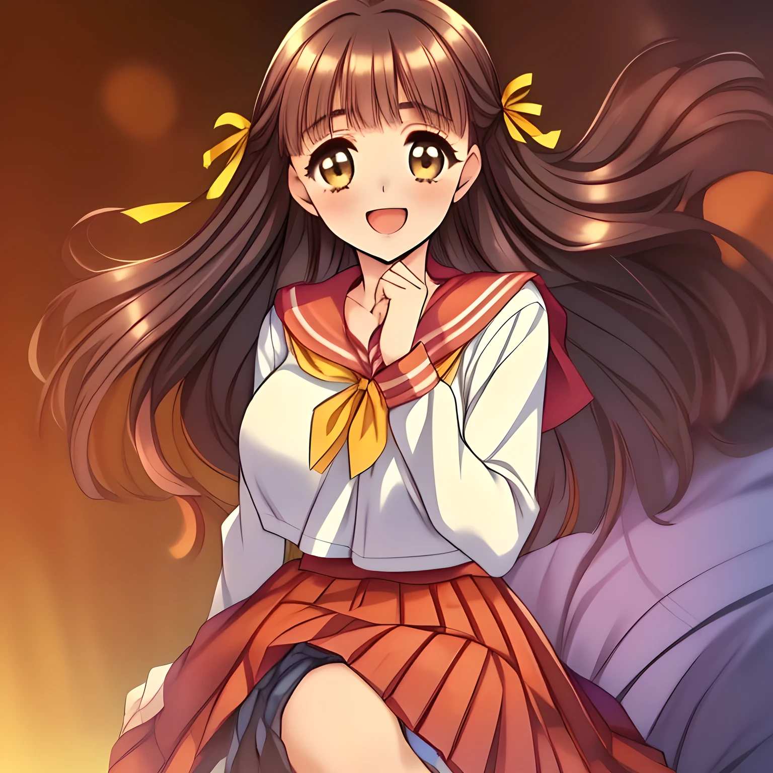 (highest quality, masterpiece:1.2), highest quality, High resolution, 1080p, 8K, (A ((slender)) beautiful noble succubus of (love-story comic heroines) is seated on a lewd bed of succubi, high pride of beauty, charming me by ((taking off the blouse by own hands to show the beauty of slender breast)) , ((looking me up, and requesting me kiss with highest laughter at the side)), (perfect slender style), (long neck), neat & clean, strong charm, cutely tilted head), (Too noble beautiful lady like a love-story comic heroine), (laughing), A very lovely, very noble, pretty and pure beautiful girls. ((neat innocent ears)), ((white grown face)), Using expensive whitening cosmetics by cosmetics artist: 1.2), Glossy lips, (curled) bangs, (Too beautiful blue fascinating shiny (double-lidded) (brown eyes) with love to the viewer, ((deep upper girly eyelid)), ((huge eye pupils)), laughing with detailed clearly: 1.5), (((pink, deep-red, yellow lined neat sailor uniform)), slender neat pink blouse, (deep-red sailor collar with yellow lines), (orange-red pleats skirt): 2), (too pretty shiny big (red realistic school ribbon tie)): 1.5), (Shiny love-story heroine lips, extremely laughing open mouth: 1.0), ((amazingly beautiful black bobbed wavy hair is blowing in the wind: 1.5)), (Hair Ribbon ties (black hair), The ribbon is big and very pretty), (Tight waist, slender: 1.5), (The background is (plain black space) to emphasize their fascination: 1.8), (The lady knows well about the viewer's super fetishism for school uniforms, and satisfies it completely: 1.7), (Gorgeous atmosphere bound for girl's school directly early in the morning: 1.5), (Everything is organized to have strong effect of hypnosis for the viewer to fall into happy dream with many beautiful girls: 1.5), (The viewer must be transferred to the world of only beautiful girls right now when he sees the eyes of girls in this picture: 2), (The viewer may die of pleasure given from the beautiful ladies:1.4)