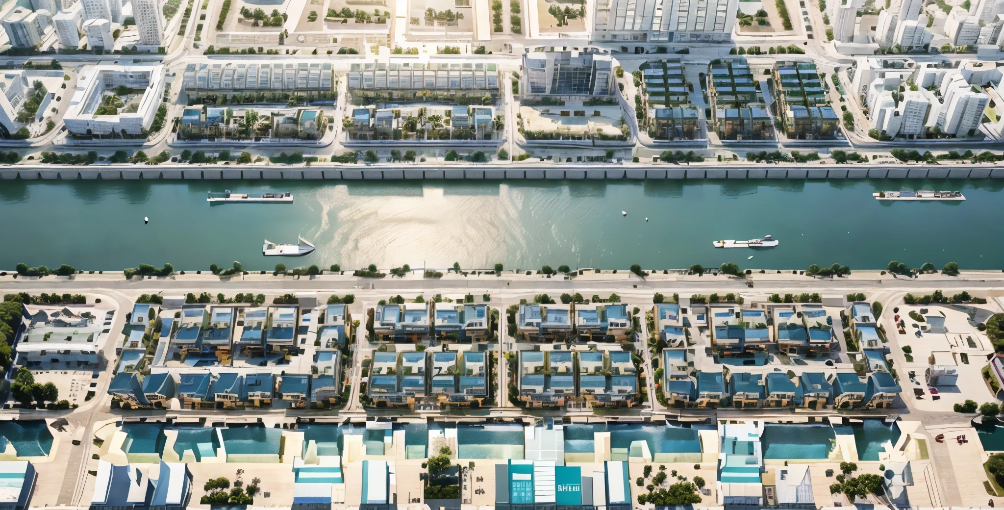Aerial view photo of a waterfront urban district, featuring rows of three-story villas. At the center, a brightly lit shopping and service hub glows beautifully. On the canal, large container barges navigate through the water