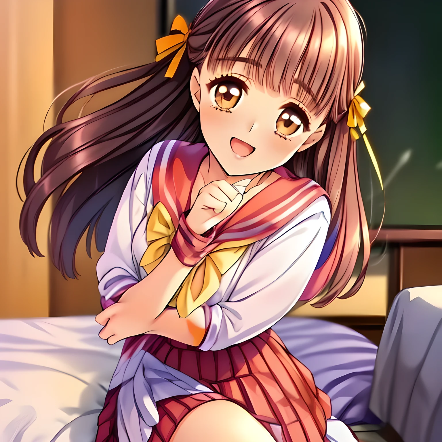 (highest quality, masterpiece:1.2), highest quality, High resolution, 1080p, 8K, (A ((slender)) beautiful noble succubus of (love-story comic heroines) is seated on a lewd bed of succubi, high pride of beauty, charming me by ((taking off the blouse by own hands to show the beauty of slender breast)) , ((looking me up, and requesting me kiss with highest laughter at the side)), (perfect slender style), (long neck), neat & clean, strong charm, cutely tilted head), (Too noble beautiful lady like a love-story comic heroine), (laughing), A very lovely, very noble, pretty and pure beautiful girls. ((neat innocent ears)), ((white grown face)), Using expensive whitening cosmetics by cosmetics artist: 1.2), Glossy lips, (curled) bangs, (Too beautiful blue fascinating shiny (double-lidded) (brown eyes) with love to the viewer, ((deep upper girly eyelid)), ((huge eye pupils)), laughing with detailed clearly: 1.5), (((pink, deep-red, yellow lined neat sailor uniform)), slender neat pink blouse, (deep-red sailor collar with yellow lines), (orange-red pleats skirt): 2), (too pretty shiny big (red realistic school ribbon tie)): 1.5), (Shiny love-story heroine lips, extremely laughing open mouth: 1.0), ((amazingly beautiful black bobbed wavy hair is blowing in the wind: 1.5)), (Hair Ribbon ties (black hair), The ribbon is big and very pretty), (Tight waist, slender: 1.5), (The background is (plain black space) to emphasize their fascination: 1.8), (The lady knows well about the viewer's super fetishism for school uniforms, and satisfies it completely: 1.7), (Gorgeous atmosphere bound for girl's school directly early in the morning: 1.5), (Everything is organized to have strong effect of hypnosis for the viewer to fall into happy dream with many beautiful girls: 1.5), (The viewer must be transferred to the world of only beautiful girls right now when he sees the eyes of girls in this picture: 2), (The viewer may die of pleasure given from the beautiful ladies:2)