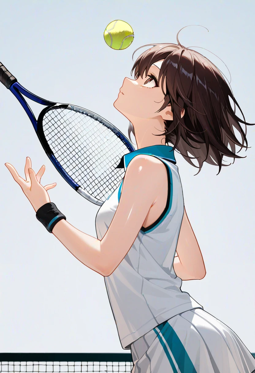 １The girls、Shirts、pleatedskirt、17 age、Bob Hair Style、A smile、A delightful!、japanes、enmaided、Chromo-white skin、Beautiful eyes、（small tits）、Playing tennis、Wimbledon、Wearing white tennis wear、电影灯光、Upper body portrait、