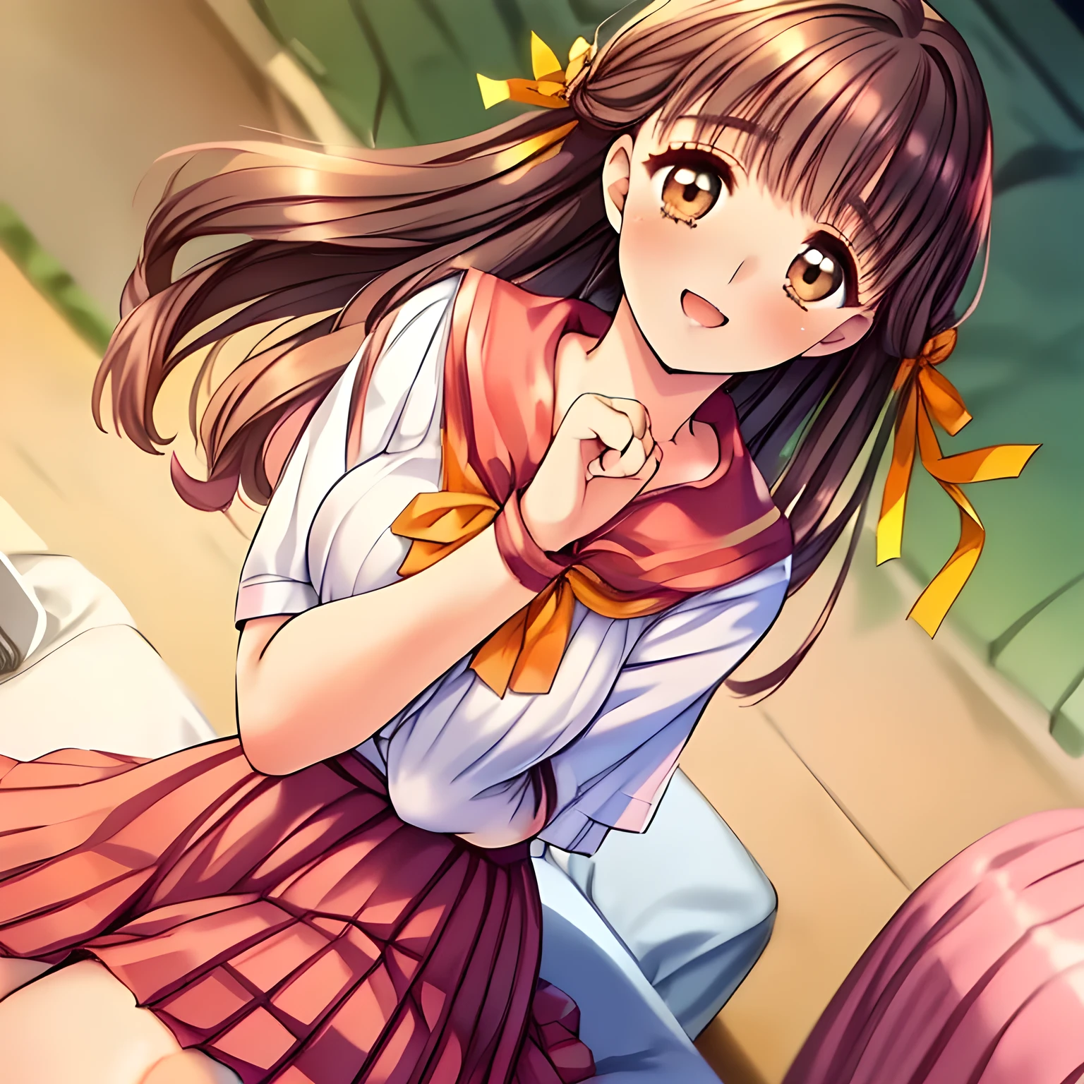 (highest quality, masterpiece:1.2), highest quality, High resolution, 1080p, 8K, (A ((slender)) beautiful noble succubus of (love-story comic heroines) is seated on a lewd bed of succubi, high pride of beauty, charming me by ((taking off the blouse by own hands to show the beauty of slender breast)) , ((looking me up, and requesting me kiss with highest laughter at the side)), (perfect slender style), (long neck), neat & clean, strong charm, cutely tilted head), (Too noble beautiful lady like a love-story comic heroine), (laughing), A very lovely, very noble, pretty and pure beautiful girls. ((neat innocent ears)), ((white grown face)), Using expensive whitening cosmetics by cosmetics artist: 1.2), Glossy lips, (curled) bangs, (Too beautiful blue fascinating shiny (double-lidded) (brown eyes) with love to the viewer, ((deep upper girly eyelid)), ((huge eye pupils)), laughing with detailed clearly: 1.5), (((pink, deep-red, yellow lined neat sailor uniform)), slender neat pink blouse, (deep-red sailor collar with yellow lines), (orange-red pleats skirt): 2), (too pretty shiny big (red realistic school ribbon tie)): 1.5), (Shiny love-story heroine lips, extremely laughing open mouth: 1.0), ((amazingly beautiful black bobbed wavy hair is blowing in the wind: 1.5)), (Hair Ribbon ties (black hair), The ribbon is big and very pretty), (Tight waist, slender: 1.5), (The background is (plain black space) to emphasize their fascination: 1.8), (The lady knows well about the viewer's super fetishism for school uniforms, and satisfies it completely: 1.7), (Gorgeous atmosphere bound for girl's school directly early in the morning: 1.5), (Everything is organized to have strong effect of hypnosis for the viewer to fall into happy dream with many beautiful girls: 1.5), (The viewer must be transferred to the world of only beautiful girls right now when he sees the eyes of girls in this picture: 2), (The viewer may die of pleasure given from the beautiful ladies:2) 