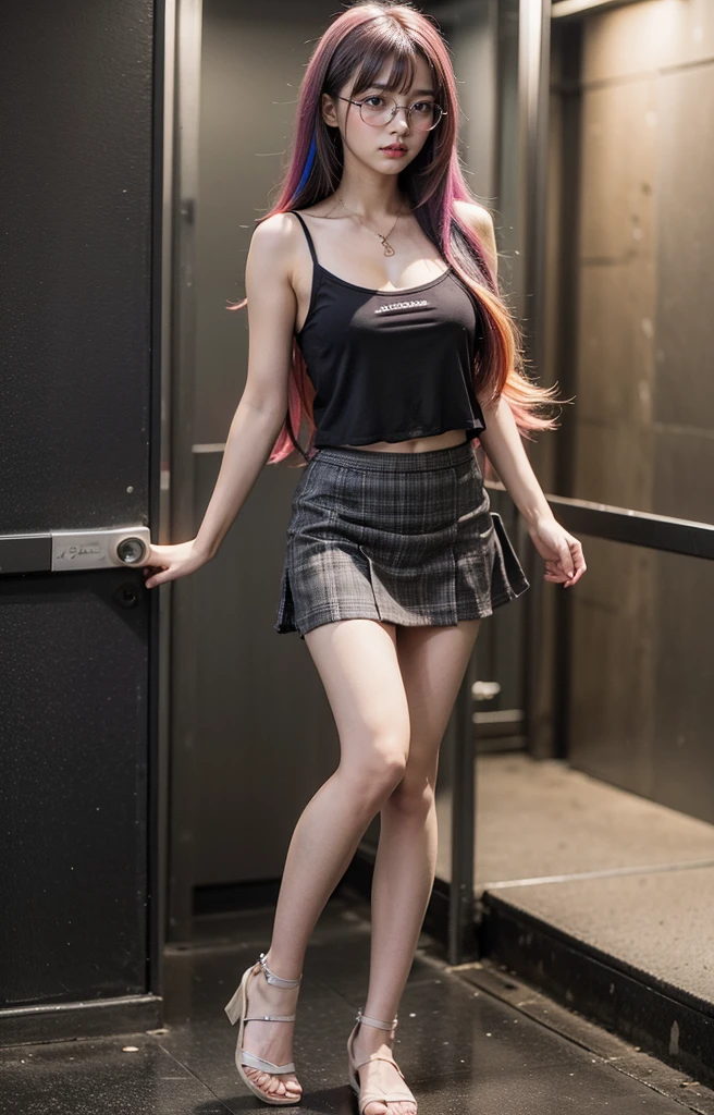 24-year-old woman、Hair color is black、Eye color is dark brown、Longhaire、Straight hair、Slender but well-proportioned muscular man、a smile、I&#39;m wearing a necklace、accessories on wrist、Wearing a transparent net shirt、I'm wearing high heels、I&#39;m wearing low rises、Being in a photography studio、a smile、wearing a lace choker