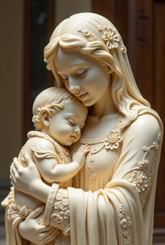 A finely carved ivory statue of a gently smiling mother with a  in her arms, with ornate robes and delicate details in the museum. Ivory statue of the Virgin and 
