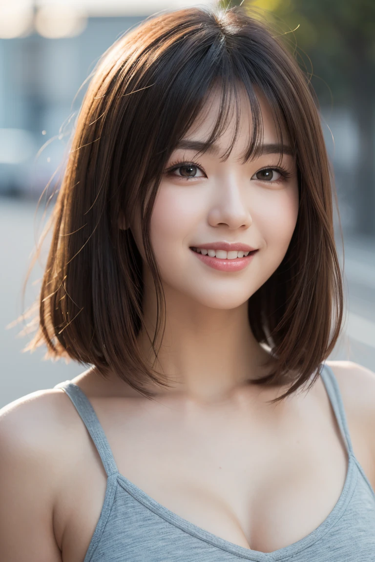 (8k, RAW Photos, highest quality, masterpiece, Realistic, Realistic), (1 female), (Ultimate beauty), Highly detailed face, (Perfect Teeth), Beautiful Eyes, double eyelid, eyelash, smile, Lip details, (Neat brunette bob), The light shines on your face, Big Breasts, ((Colorful mini dresses)), (Front view), (background: none),  Background blur