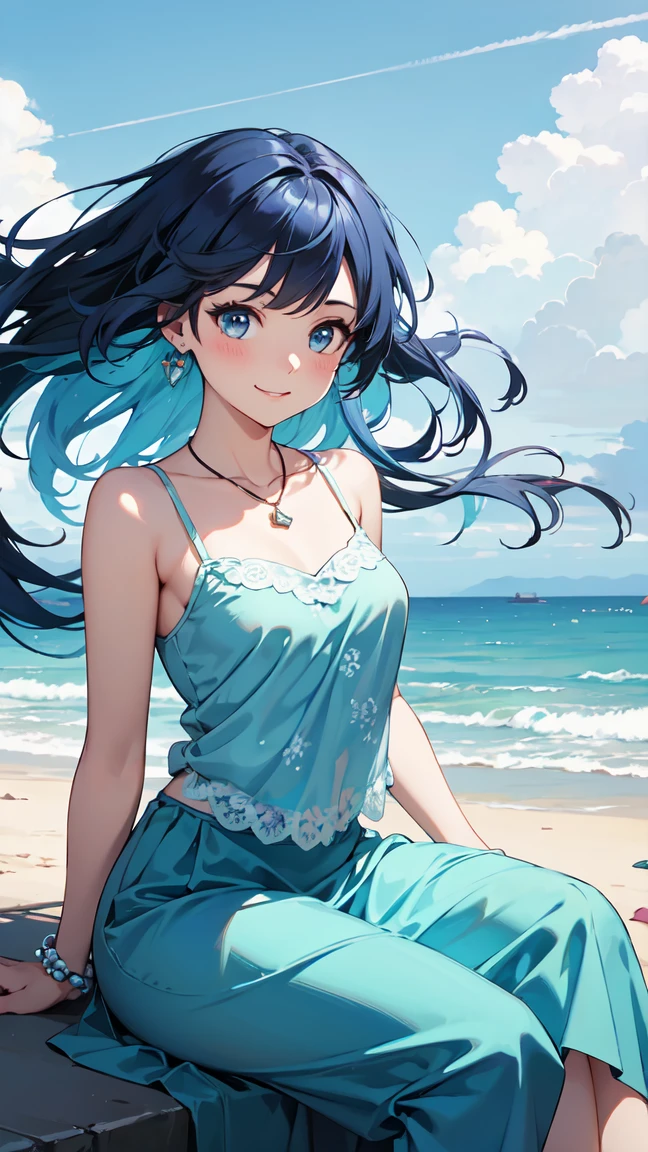solid color backdrop,simplebackground,Minimalist,art by Cornflower, dreamy, (a beautiful teen-aged girl,anime-style girl,eBlue eyes,cabelos preto e longos,Dressed in light yellow,shiny,longer sleeves,open chest,Long skirt swimsuit,Pink big breasts,white colors,and yellow,The heart poses above,both hands on hip,In front of the beach and bright blue sky,There are clouds above,There are palm trees in the background on both sides of the picture,There are also a lot of blue and yellow fish swimming around in the sea,There was also a lighted police helicopter flying over the girl's head)