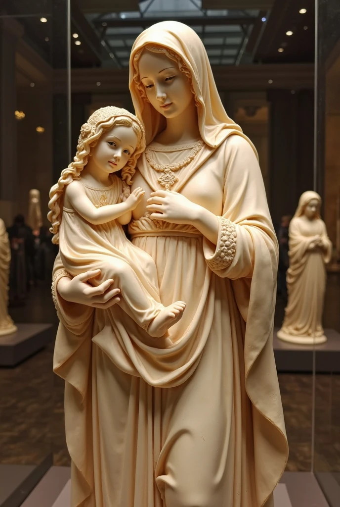 A closeup of a statue of a woman holding a child, with the baby Jesus, Queen of Heaven, Holy Majestic Woman, Virgin Mary, Beautiful Gold Saint, Patron Saint of , Roman Catholic icon, Religious sculpture, Mary in a shrine, Holy Woman, painting, in the style of Greg Olsen