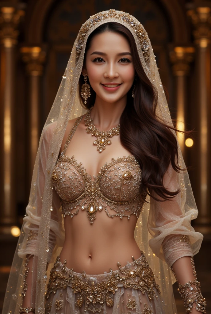RAW Photograph,35mm,(Masterpiece),ultra photo realistic, Beautiful pale white skin Euro-Asian maiden,posing elegantly,(age 25,height 175cm,36-24-36 body figure,slim abs,slim natural round chest),(Indonesian empress style),brown long hair,beautiful white majestic with gold embroidery and micro cut out long gown,white cape,white thigh boots,gold mini headband,gold necklace,gold beautiful accents,intricate,lovely details,appealing view,natural lighting,ultra sharp image,futuristic palace,UHD,8k (Royo,Giger)