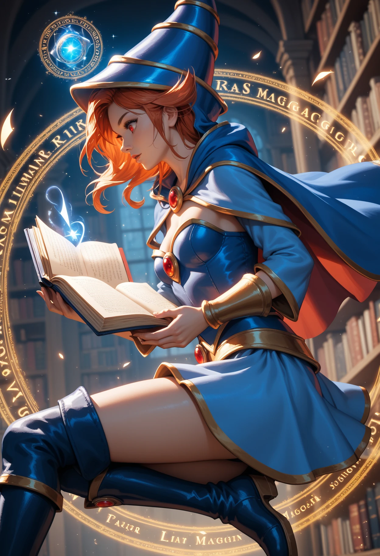 ((masterpiece)), (best quality), official art, extremely detailed CG, unity 8k wallpaper, ultra detailed, 
1girl, red hair, half down hair, blue eyes, blush, large breasts, 
edgElegant, wearing edgElegant, epaulettes, upper body, 
 <lora:edgElegant:0.8>, arcane academy, ancient tomes, spellcasting students, magical education,