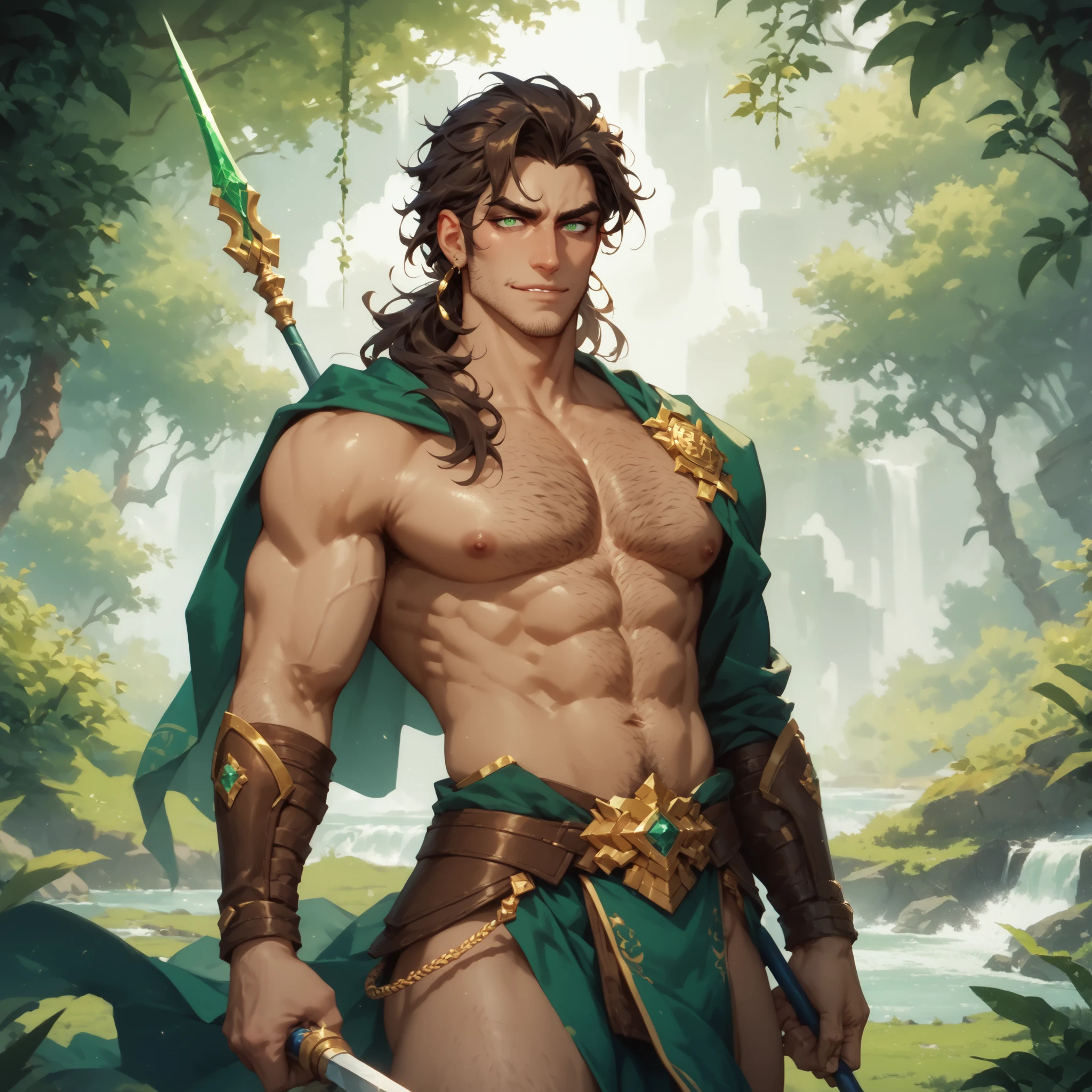 Height: 5 feet 10 inches
Build: Muscular and well-built, with a powerful physique honed by years of survival in the wilderness. Soh's frame exudes strength and resilience, reflecting his adaptability and prowess as a guardian of the natural world.
Hair: Dark brown, with natural blonde highlights, falling in tight, unruly curls around his face, adding a wild and untamed quality to his appearance.
Scars: Soh bears several scars across his body, souvenirs of the countless battles and trials he's faced in the unforgiving wilderness. These scars tell a story of resilience and survival, serving as a testament to Soh's determination and strength.
Eyes: Heterochromatic - one eye is a vibrant emerald green, the other a warm earthy brown, reflecting his dual nature as a changeling
Skin: Initially pale grey, but Soh can alter his skin tone to blend with his surroundings, typically adopting a tan hue when outdoors he is 16 years old he has no happy trail