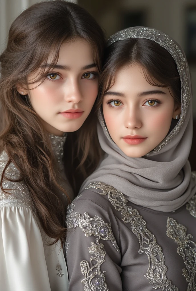 Russian girl, beautiful girl in hijab, 19 year old girl, perfect face, expressive eyes, makeup, eyeshadow, eyeliner, luxurious hijab, patterned hijab, hijab decoration, brooch, shiny lips, smile, being in a busy mall, cafe