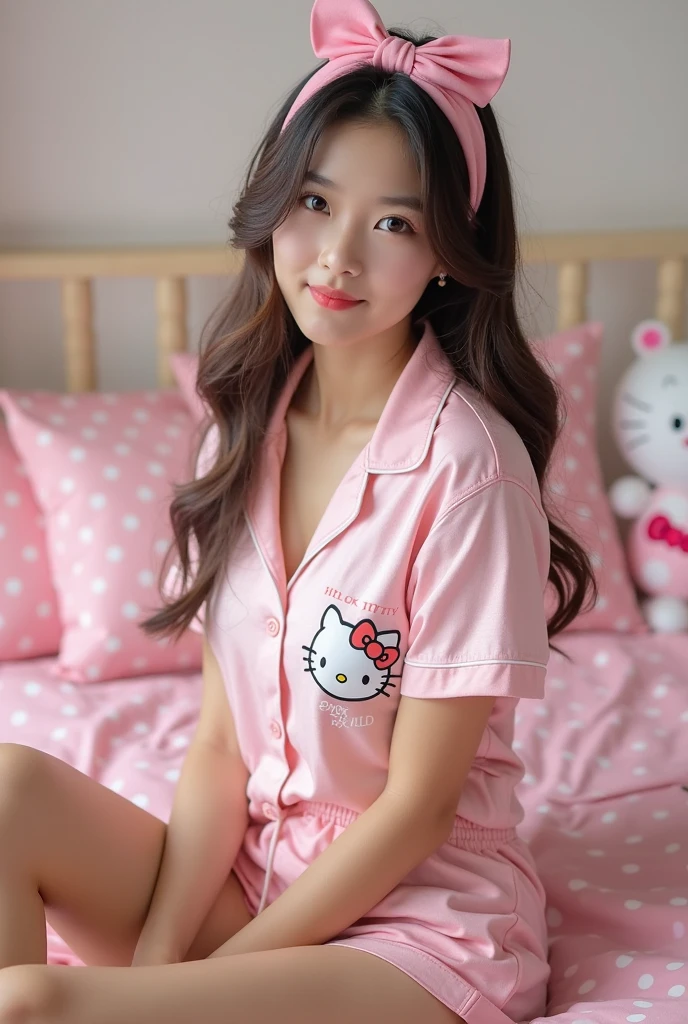 same model, in sexy hello kitty pajamas, in a hotel room