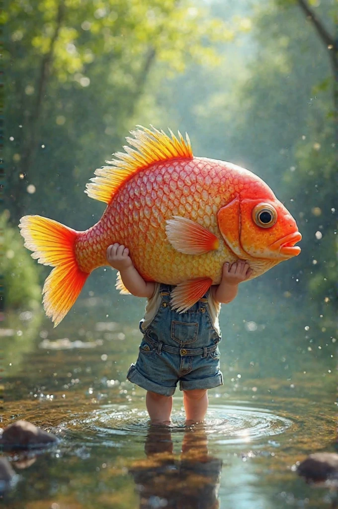 A muscular, tattooed, chesty, shirtless pig riding a giant goldfish while surfing a wave