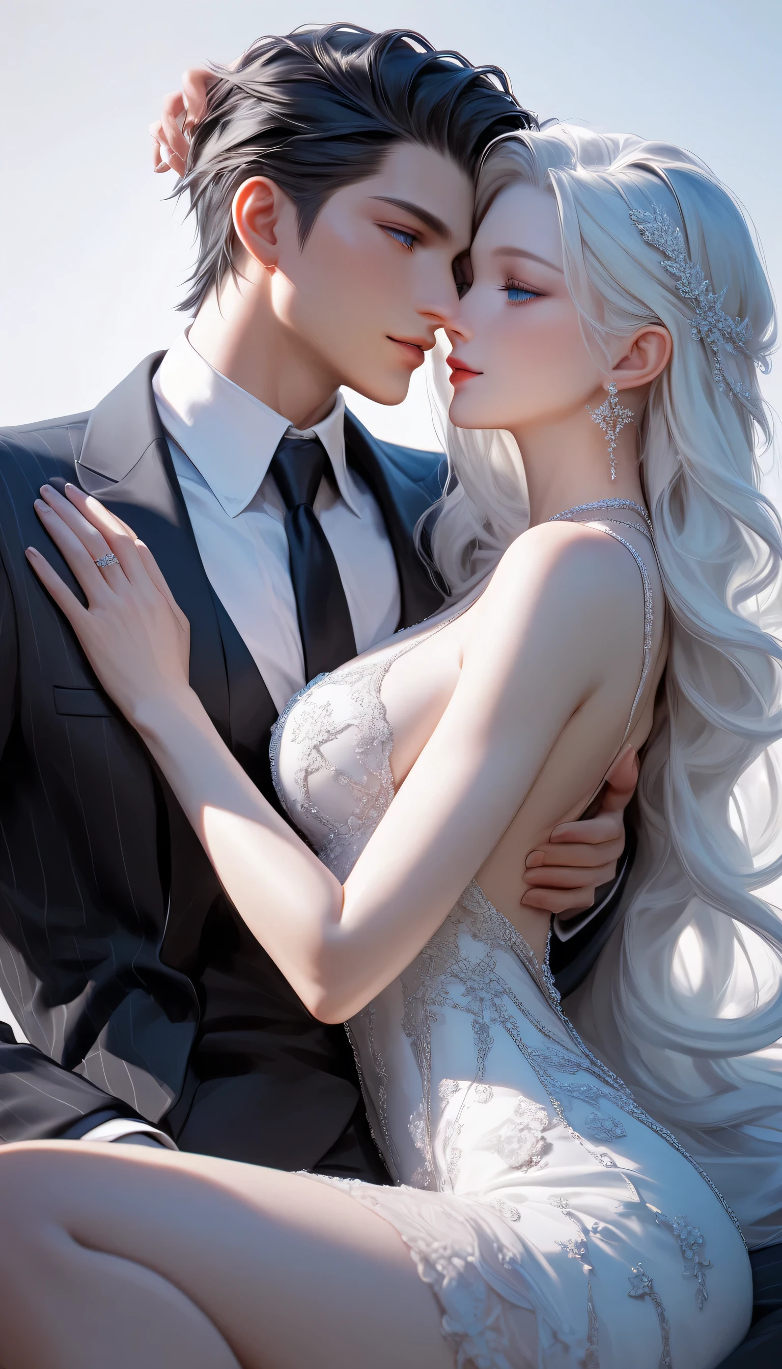 Goddess, God, Accessories, Black Cat Ears white dress White dress sleeves between the elbows Good looking Masterpiece big breasts Beautiful face open bust dress chest jewelry beautiful white hair black eyes black waist dress and his boyfriend, wearing a white shirt, white pants, a cool suit, good looking, handsome, white hair, white cat ears, blue eyes, standing and hugging a woman. Recently Masterpiece