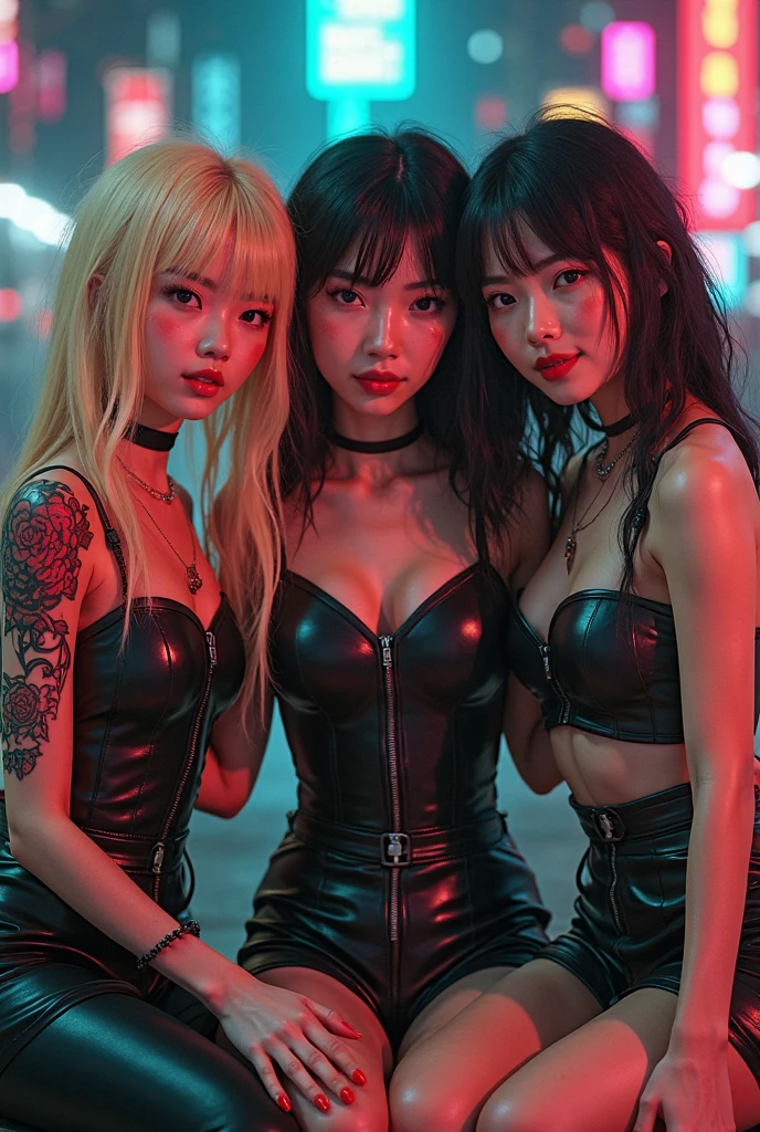 a group of women kpop idols, sexy outfits, beautiful detailed faces, detailed eyes and lips, dramatic lighting, colorful neon aesthetics, vibrant colors, dynamic poses, high fashion, studio lighting, 8k, best quality, masterpiece, photorealistic