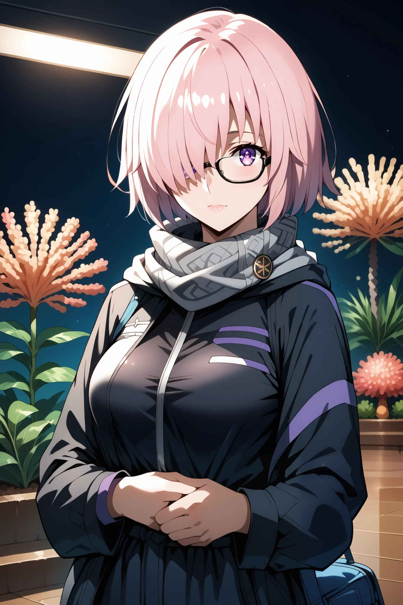 score_9, score_8_up, score_7_up, source_anime, 4K,perfect fingers,(perfect hands, perfect anatomy),prefect lighting, very aesthetic, intricate details,highly detailed background, masterpiece, high quality, best quality,
1girl, mashkyrielight, mash kyrielight, short hair, purple eyes, pink hair, hair over one eye, large breast,
wearing They are wearing a costume outfit featuring a black jacket with purple and coral details. The jacket has a matching, coral colored overall/jumpsuit-style bottom. A gray scarf/wrap is draped around their neck. No visible jewelry, watches, glasses, or bags are apparent.
Their facial expression is neutral, and they appear to be posing for a picture or selfie.