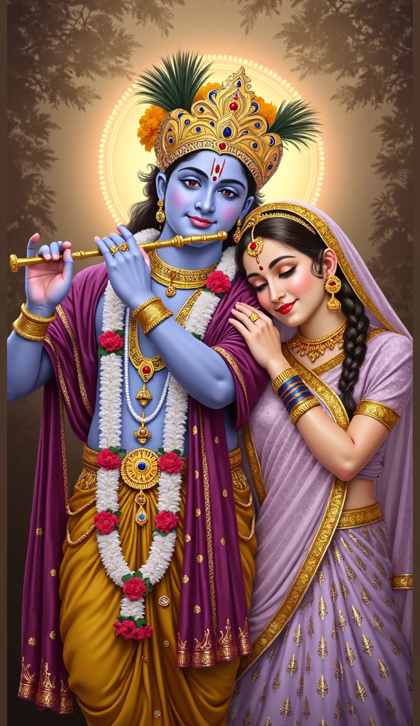 (photorealism:1.2), Krishna and Radha celebrate Lord Krishna's birthday Krishna cuts the cake with a knife Radha laughs and claps and wishes Krishna Happy Birthday