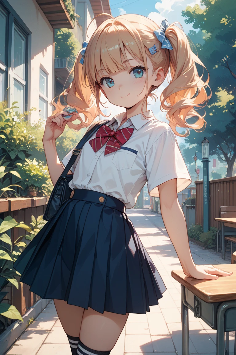(masterpiece:1.3, Highest quality, Ultra-high resolution, Very detailed), (Realistic:1.1, photoRealistic:1.4), Beautiful illustrations, Perfect lighting, colorful, Written boundary depth, 
Beautiful detailsまでこだわった髪, Beautifully detailed face, Beautiful details, Beautiful clavicle, Beautiful body, Beautiful breasts, Beautiful thighs, Beautiful legs, Beautiful fingers, 
View your audience, 1 Girl, Japanese, high school girl, Perfect Face, (Perfect Anatomy, Anatomically correct), Cute and symmetrical face, Baby Face, Sunburn, Shiny skin, 
(Mid-length hair:1.5, Twin tails:1.2, blonde), Asymmetrical bangs, blue eyes, Long eyelashes, (Medium Chest), thin, 
((Short sleeve shirt, Light blue shirt, , green plaid pleated skirt,mini skirt、 To the Navy)), No pants,  Bare arms, Strapless,
(Beautiful views), evening, (Outdoor, distant cityscape), Are standing, (peace sign), (Cute Smile, Upward glance, Open your mouth), (White sperm overflows from the open vagina:1.3),