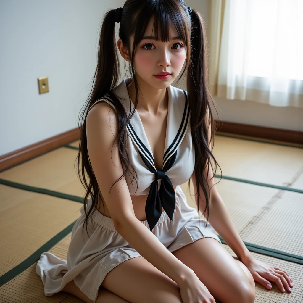 (highest quality,masterpiece:1.3,Ultra-high resolution),(Very detailed、Caustics) (Realistic:1.4, RAW shooting、)Ultra-Realistic Capture、Very detailed、Natural skin texture、masterpiece、(One Japanese girl wearing a junior high school sailor uniform:1.3)、Adorable expression、Expressions of Happiness、14 years old、Young Face、Amazingly cute、Twin tails、Curly Hair、Black Hair、Scrunchie、necklace、Bare arms、light makeup、G-cup breasts、Shining Breasts、Shining thighs、Filmed in a private room at a sex shop、Position on all fours in bed、A pose that emphasizes the chest、smile、An inviting gaze、Full body photography、Anatomically correct、Attention to detail、