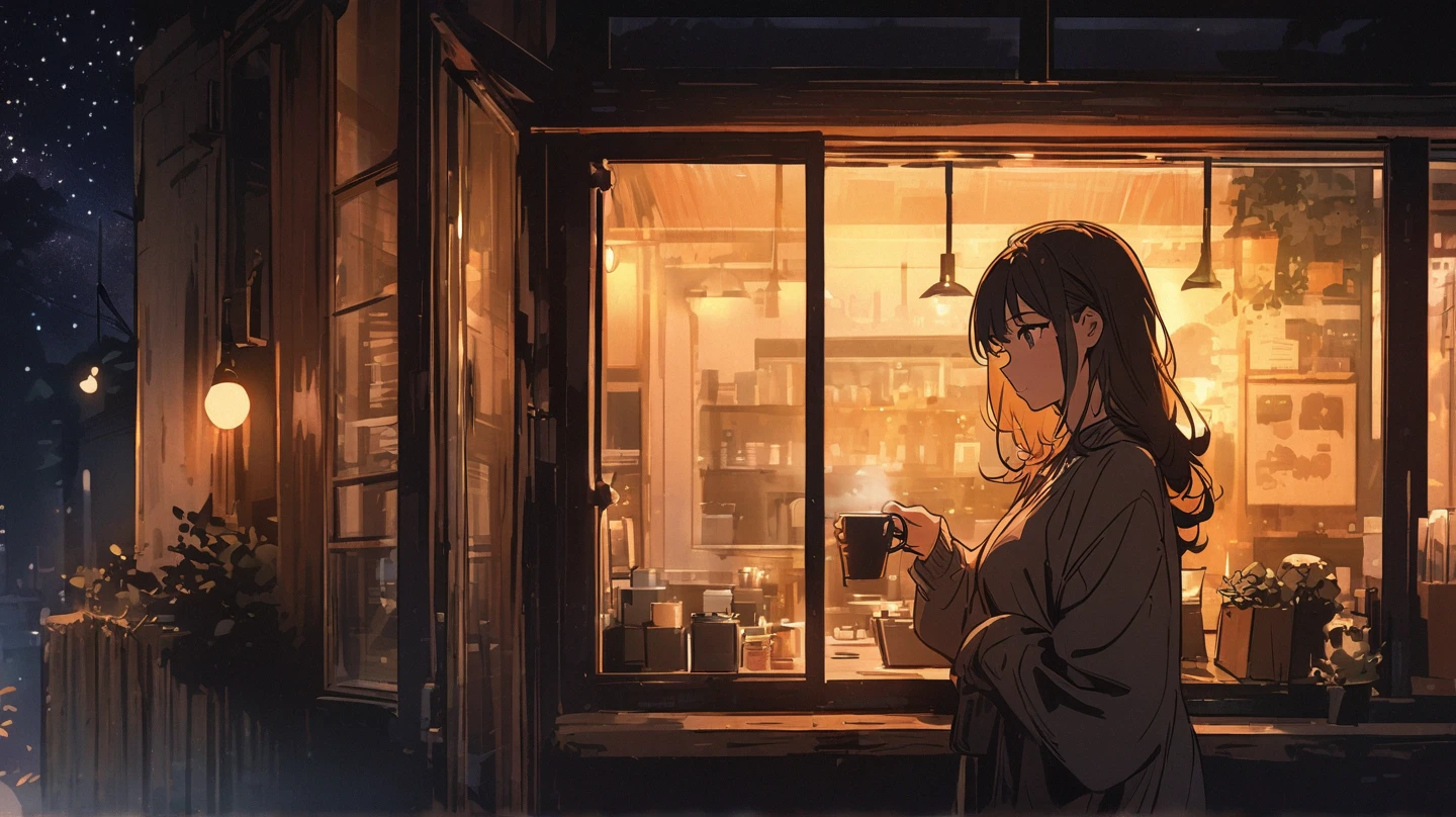 mature Beauty in room wears at midnight convenience store, taking beer can