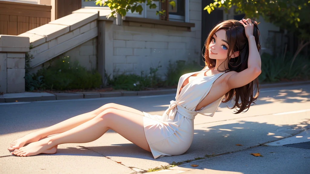 amerikanische frau, mit schwarzen haaren, 8k, Lachen auf dem Gesicht, Realistic 3D full body poster shot, langes rotes kleid, mit bunten BH, cremefarbenen slip, steht im garten, stadt im hintergrund,