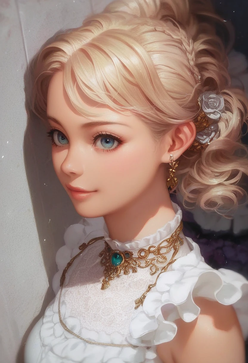 1girl, old_woman, mature_female, short_hair, updo, intricated dress, blush, looking_at_viewer, cleavage, cowboy_shot, ((masterpiece)), ((high_resolution)), blurry_background