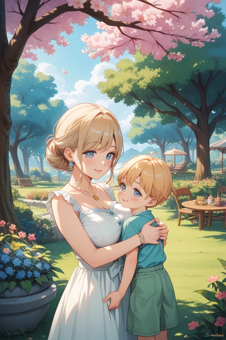 doting mother holding a baby,gently cradling baby in her arms,nurturing care for little ,warm motherly embrace,gentle touch of a mother's hands,affectionate gaze from mother's eyes,soft and delicate baby skin,sweet and innocent smile of the baby,adorned with a floral headband,loving bond between mother and ,peaceful and serene atmosphere,beautiful garden in bloom,colorful flowers in vibrant hues,lush green grass and blooming trees,sparkling sunlight filtering through the leaves,ethereal and dreamy ambiance,impressionist painting style,soft brushstrokes and vibrant colors of oil painting,warm and harmonious color palette,subtle play of light and shadows,masterpiece:1.2,ultra-detailed,realistic:1.37,vivid colors,sharp focus,studio lighting.