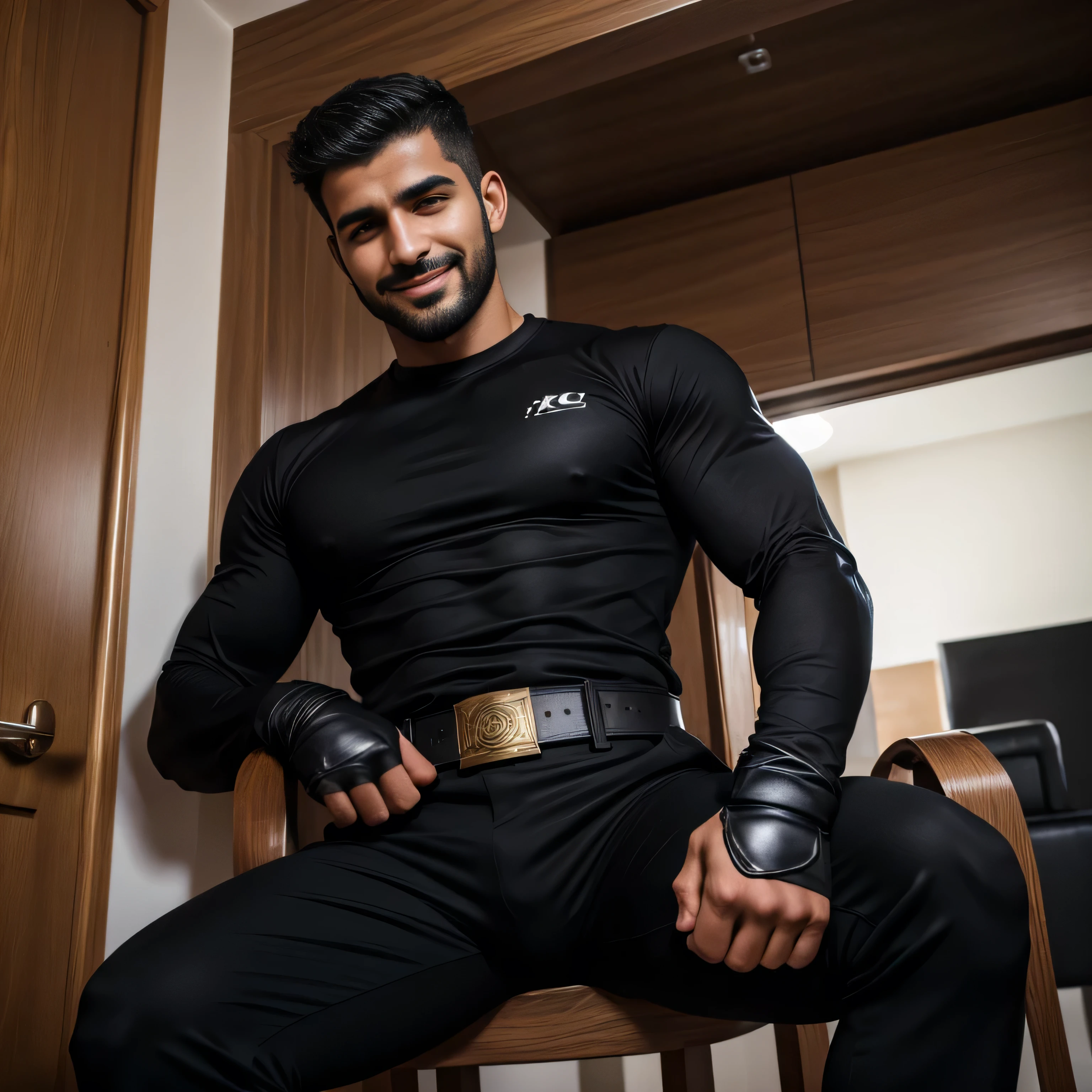 A handsome young Latino man, military cut hair, shirtless, thin, marked abs, 18 years old, full body, dressed in blue lycra pants, black riding boots, kneeling is suffering strangulation, directly with a rope, by the neck, behind his back, performed by another man, in the living room of an apartment