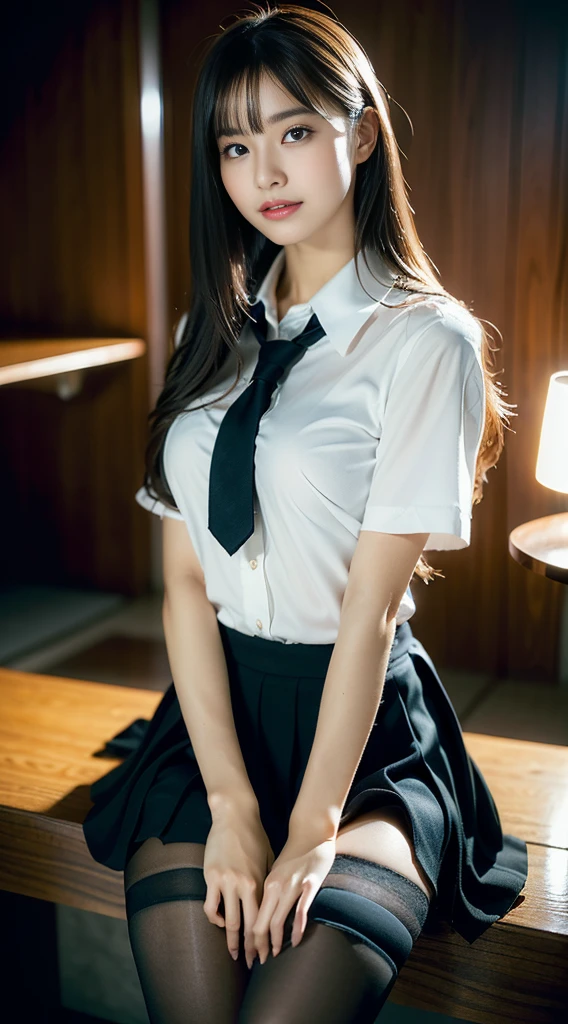 masterpiece, best quality, illustration, Super detailed, fine details, High resolution, 8K,wall paper, perfect dynamic composition,(Details High quality, realistic depiction of eyes:1.3), High School Classroom、High school girl uniform、blazer 、Super Short Check Uniform Skirt、Navy blue high socks、garterbelts、Colossal tits、Disturbed uniform, (long hair:1.5, side ponytail), black hair color, large breasts, Big Natural Color Lip, bold sexy pose, (perfect body shape), crying a little、Harajuku style、20 year old girl、cute type, beautiful legs, hposing Gravure Idol, Voluptuous thighs, (kneeling, sexy pose)