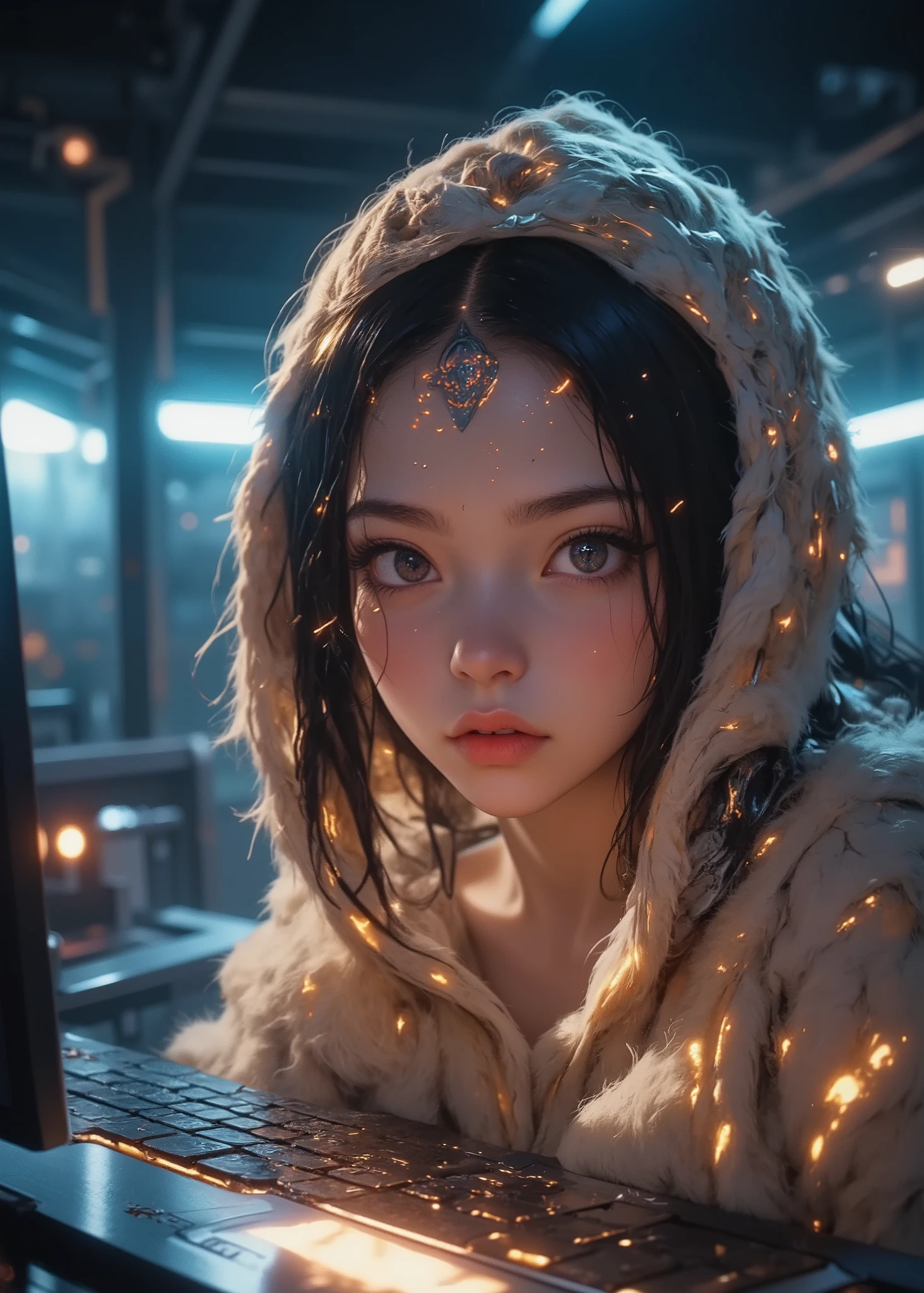 (fresh and smooth skin, over an owl smiling, thin hair, beautiful face, urban minimal room, adorable fluffy large soft hooded loungewear, where only the monitor shines, leaning over a desktop monitor),realistic, science fiction,science fiction, masterpiece, best quality, This is a very beautiful and moving movie scene,Room view