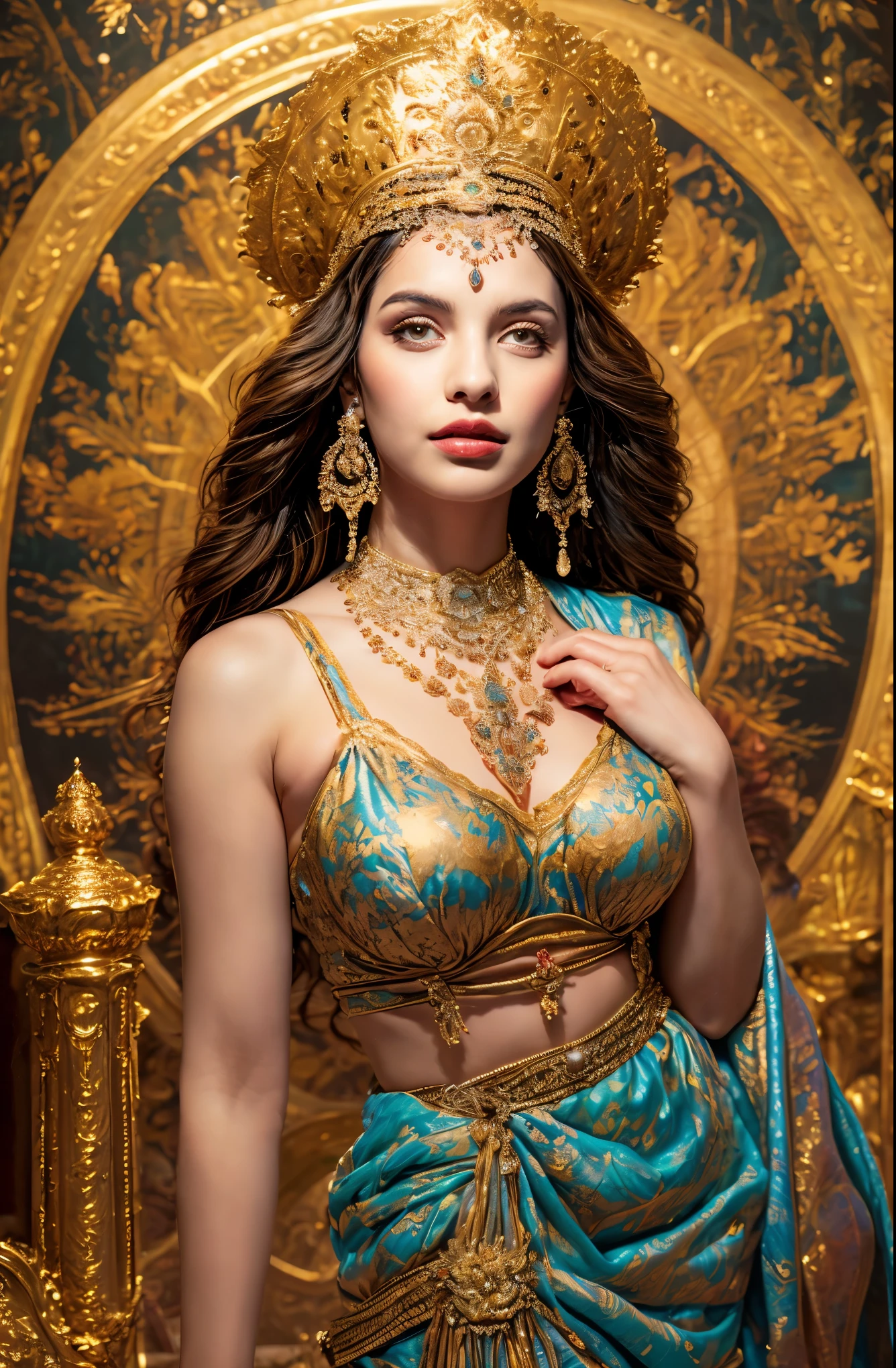 ((Best quality, 8k, Masterpiece :1.3)), Sharp focus :1.2, Generate a realistic image of a beautiful sexy Indian woman (masterpiece like a princess) dressed in a white skirt and print bra, adorned with traditional ornaments, standing in a well-lit room with cinematic lighting. ((Front view, random elegant pose)), and there is a sense of grace and elegance in her posture. The background should complement the scene, enhancing the overall aesthetic appeal of the image. Photography by Brandon Woelfel, Full shot: Canon EF 16-35mm f/2.8L III USM lens on a Canon EOS 5D Mark IV camera, ultra realistic, 32k, HD