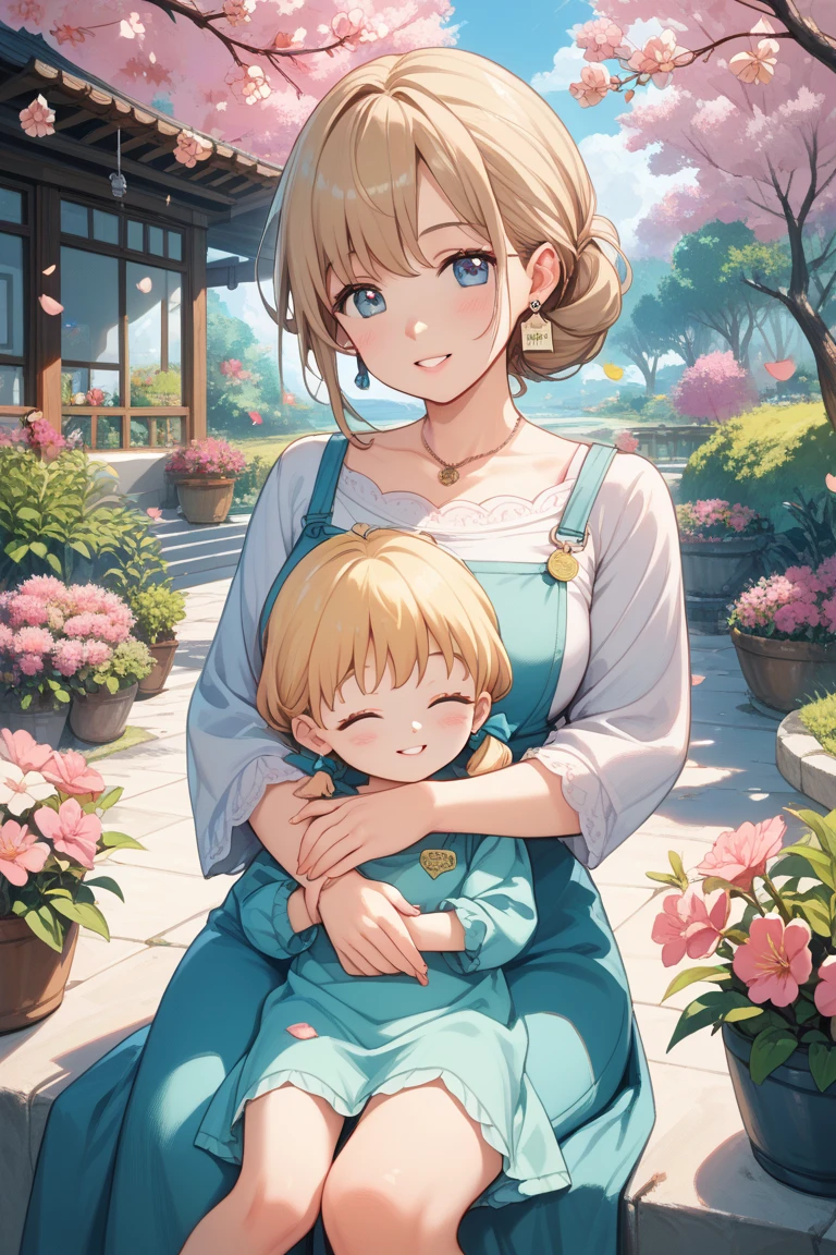 doting mother holding a baby,gently cradling baby in her arms,nurturing care for little ,warm motherly embrace,gentle touch of a mother's hands,affectionate gaze from mother's eyes,soft and delicate baby skin,sweet and innocent smile of the baby,adorned with a floral headband,loving bond between mother and ,peaceful and serene atmosphere,beautiful garden in bloom,colorful flowers in vibrant hues,lush green grass and blooming trees,sparkling sunlight filtering through the leaves,ethereal and dreamy ambiance,impressionist painting style,soft brushstrokes and vibrant colors of oil painting,warm and harmonious color palette,subtle play of light and shadows,masterpiece:1.2,ultra-detailed,realistic:1.37,vivid colors,sharp focus,studio lighting.