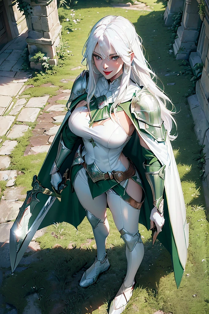 gwen tennyson,1girl,yorha 2b,riven,tracer,overwatch,atelier ryza,close up,winter meadow view,tattoos,orange and white plugsuit,white short sleeve knight leotard,knight steel armor,lycra micro shorts,harness corset,long punk hair,punk makeup,green eyes,multicolored silver hair,long dress train,fierce smile,freckles,beautiful girl,thigh high punk boots,large breasts,8k,ultra detailed,realistic,fantasy art,punk knight uniform,queen gown dress,hair pin,ear piercings,crystal hand and neck jewelry,(weather:windy),long orange knight cloak,holding a dagger on each hand,(pose:ready to attack),