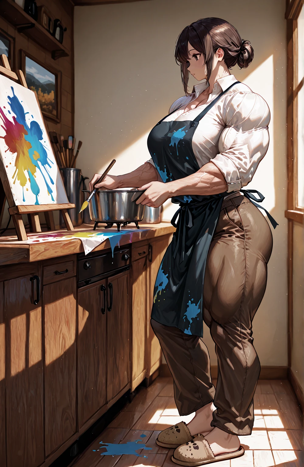 Alone,1 mature maid,((full body)), ((bare back)),(from behind),(((Grabbing hands))),sweaty body,(Wet white apron), wet white pants ,((Dark skin)),trend in artstationh, intricate details, Very detailed,, intricate face details,Curvy physique, thick body,in the kitchen,Vibrant, 4k, intricate details, lovely big breasts, Professional manufacturing, 12K Resolution,(seductive smile),redhead