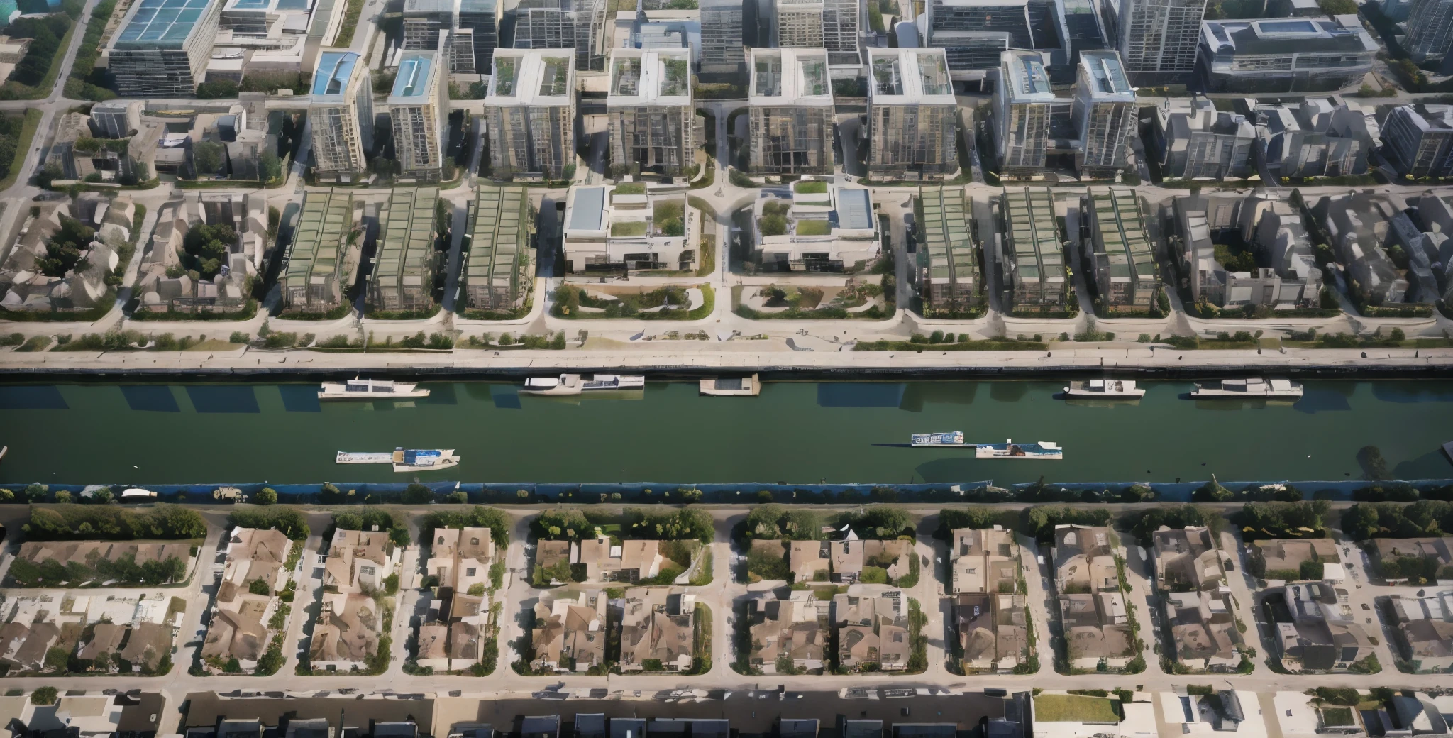 aerial view, cityscape by the canal, modern villas, modern apartment buildings, bright commercial building in the middle, some barges on the canal