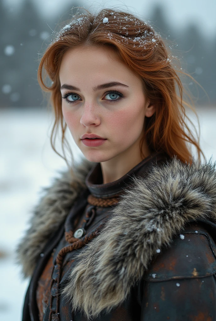 (Highest quality, Ultra HD, 16k, Masterpiece) Red Sonja, the fierce and legendary warrior, stands near a towering, snow-capped mountain. The shot is a close-up, capturing the intensity and determination in her eyes. Her iconic armor is fully visible, with a thick, fur-lined cloak draped over her shoulders to protect against the cold. The rest of her costume remains the same, showcasing her strong and battle-ready appearance. Her long, fiery red hair cascades down her back and shoulders, contrasting sharply with the white snow around her. She holds a sword firmly in one hand, the blade gleaming with a cold, metallic shine. Her expression is one of focus and resilience, her piercing eyes scanning the rugged terrain ahead. The background features the majestic, snow-covered mountain, with the serene, almost ethereal quality of a winter landscape. The lighting is soft, capturing the subtle hues of the snow and the gentle glow of the sun over the mountains. The overall composition highlights Red Sonja's powerful presence and the harsh, beautiful environment she inhabits. This image captures the essence of a lone warrior standing strong against the elements, exuding strength and determination amidst the tranquil yet formidable landscape