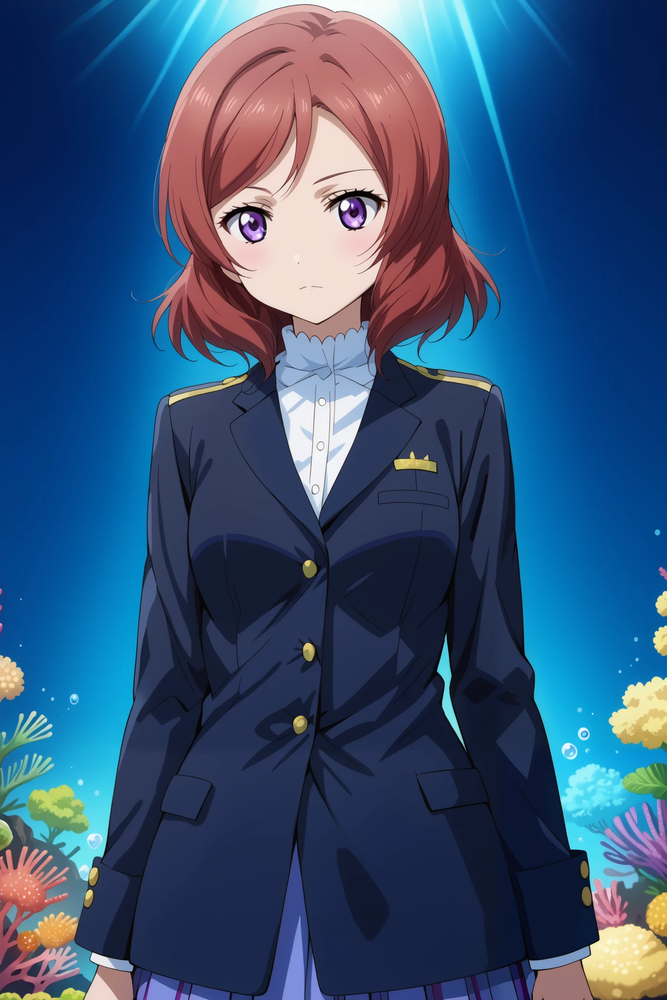 score_9, score_8_up, score_7_up, source_anime, 4K,perfect fingers,(perfect hands, perfect anatomy),prefect lighting, very aesthetic, intricate details,highly detailed background, masterpiece, high quality, best quality,
1girls,makinishikino, maki nishikino, short hair, purple eyes, red hair,((large breast)),
wearing ((black jacket with purple and coral details, )),,
((white plain background)), Standing