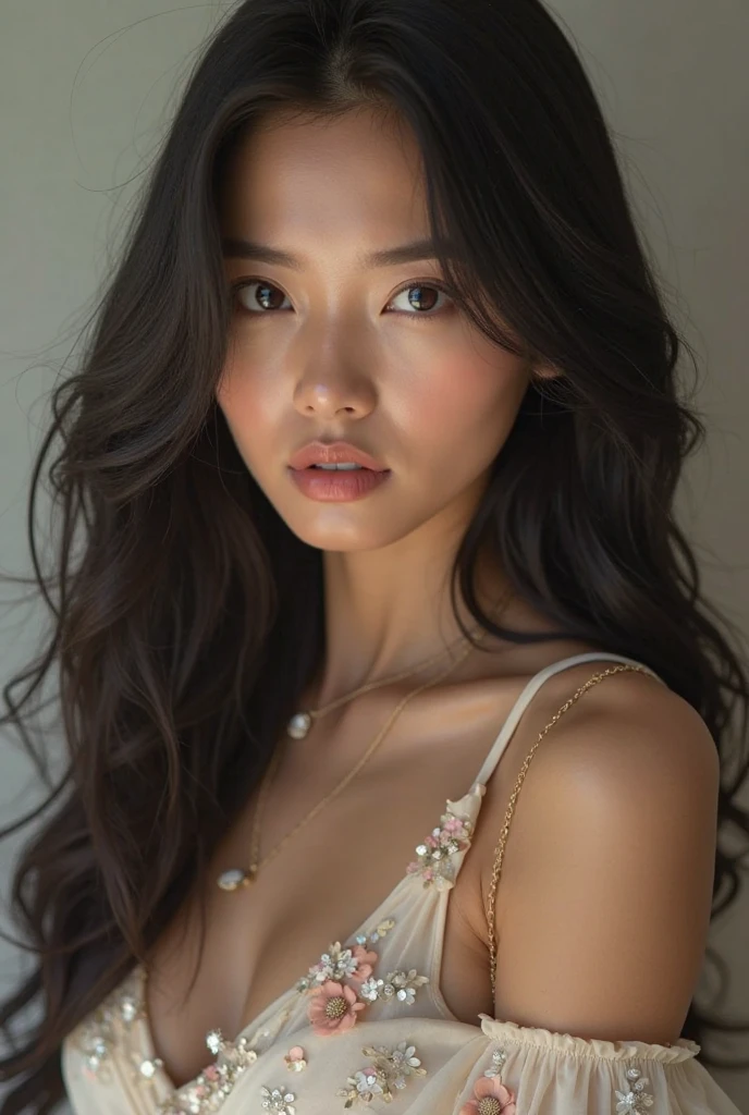 Beautiful asian woman, no bra. Standing