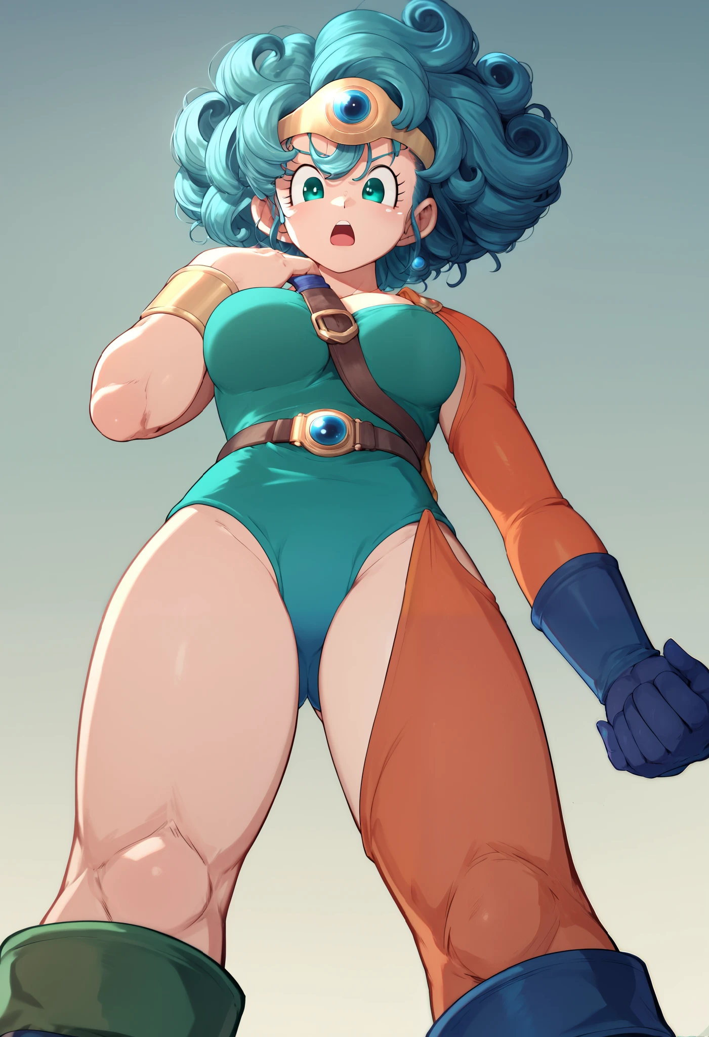 (masterpiece), best quality, expressive eyes, perfect face,(The light illuminates the groin),Alone, 1girl ,Ultra High Resolution,4K,Super Detail,break, Sofia /Heroine/Sofia (Dragon Quest IV),((skinny female)),((slender body)),A costume that fits the body,break,green eyes, chest,tiara,Fluffy Hair ,curly hair, blue null, midriff,big chest,shoulder out, GREEN LEG WEAR, eyelashes,tiara, shoulder strap, strap between breasts,light blue leotard,light blue panties,is, belt, single sleeve, single thighhigh, single glove, boots,break,(sofia open thighs manspread)).shoot from below,open mouth,grabbing own is,is focus,((back shot)),