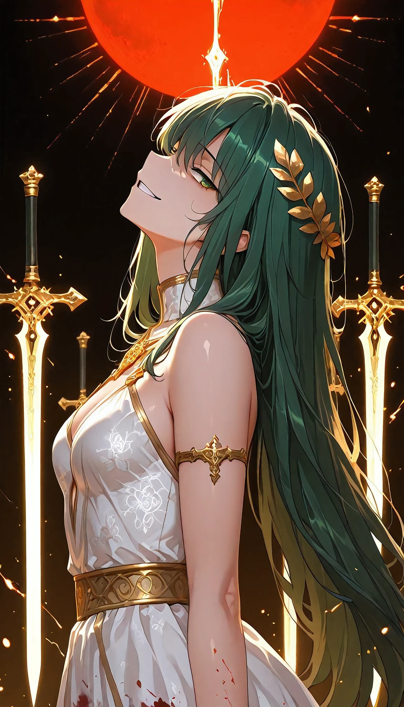 (upper body shot, close up shot, solo:1.2),sword dance, sword circle, detailed background, atmopspheric lighting, magic circle,magic array, detailxl, Anime illustration, detailed anime artstyle, cinematic, volumetric lighting, clear sky, massive magical aura, moonlight, cold light, colorful, light reflection, (head tilt, looking over her shoulder, teasing, death glare, death stare, flirty, romantic, french, royalty, sultry, (standing, dynamic pose:1.1):1.1), (glaring at viewer, side eye side profile, from the side, looking at viewer, head tilted upwards:1.4), (1girl:1.18), mature, chaos warrior, adolescent, detailed skin, extremely detailed eyes, dynamic pose, dual wielding \(cross\), aura swords, armor, green hair, very long hair, messy hair, hair flowing in the wind, green eyes, golden eyes, long hair, crazy smile, yandere, gesugao, tsurime, white royal dress, royal ornate greek dress, black and gold trimming, black and gold lining, laurel crown, french dress, blood stained clothes, bloody sun, red sun, warrioress, goddess, god of war, bringer of destruction, small breasts, array of swords, sword array, sword magic, dual wielding, wielding swords, lightblades, magical swords, magic