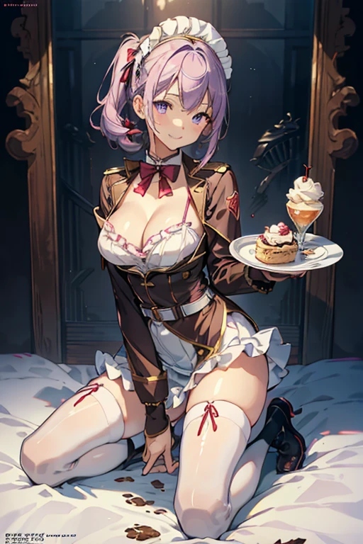rice shower (umamusume), 1girl, solo, long hair, breasts, looking at viewer, blush, brown hair, thighhighs, hat, bow, navel, holding, animal ears, bare shoulders, purple eyes, tail, flower, small breasts, black thighhighs, indoors, bowtie, hair over one eye, leotard, cup, wrist cuffs, detached collar, rose, playboy bunny, horse ears, horse girl, horse tail, blue headwear, tray, blue flower, hat flower, blue leotard, holding tray, nontraditional playboy bunny