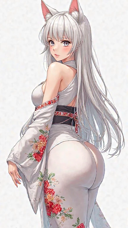 Beautiful long-haired elegant and sexy woman in tight-fitting collant, Use roupas de empregada, maduro (((busto muito grande))), (((Vestindo um kimono))), (((peitorais))), ((((roupas apertadas)))), corar, nose corar, submisso, Dose, bonitinho, adorable, ((maduro)), (((collant))) white hair, big ass