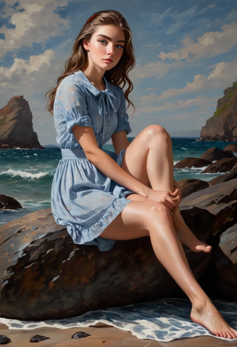 alone in the universe, Paint in watercolor style, Photorealism, discreet golden and ruby and mint shades, (nude) a gentle, modest, thin girl of 16 years old with a very beautiful, exquisite face of the southern type with a short hairstyle with tender nipples walks barefoot in the distance along the coast