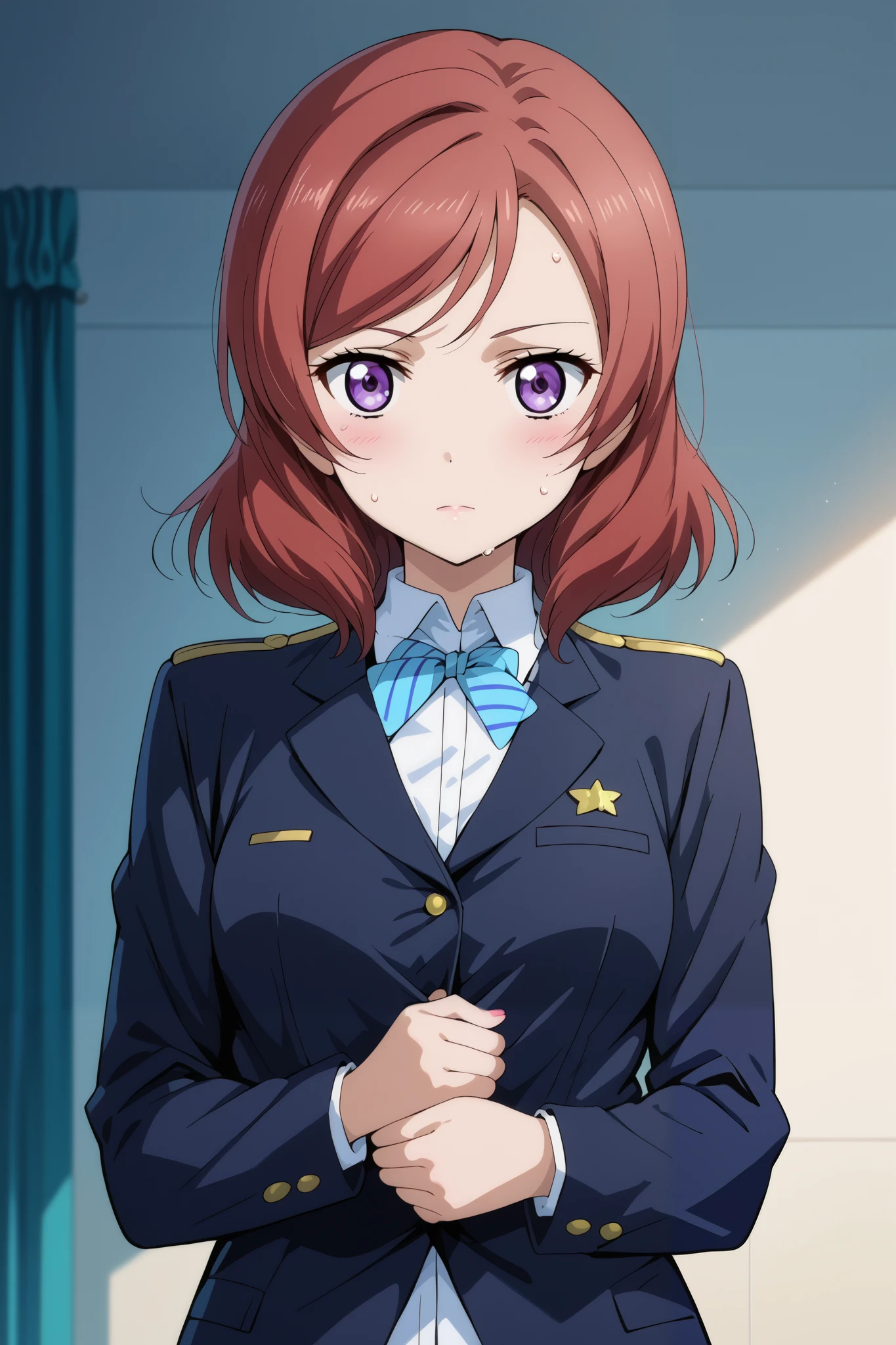 score_9, score_8_up, score_7_up, source_anime, 4K,perfect fingers,(perfect hands, perfect anatomy),prefect lighting, very aesthetic, intricate details,highly detailed background, masterpiece, high quality, best quality,
1girls,makinishikino, maki nishikino, short hair, purple eyes, red hair,((large breast)),
wearing ((black jacket, jacket has a matching,)),,
sweating, ((white plain background)),