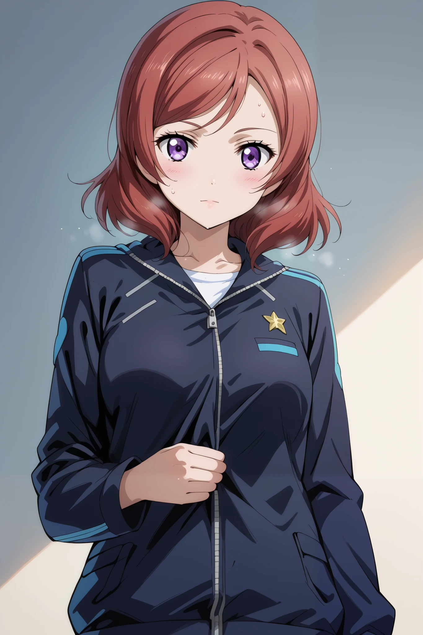 score_9, score_8_up, score_7_up, source_anime, 4K,perfect fingers,(perfect hands, perfect anatomy),prefect lighting, very aesthetic, intricate details,highly detailed background, masterpiece, high quality, best quality,
1girls,makinishikino, maki nishikino, short hair, purple eyes, red hair,((large breast)),
wearing ((black jacket, jacket has a matching,)),,
sweating, ((white plain background)),