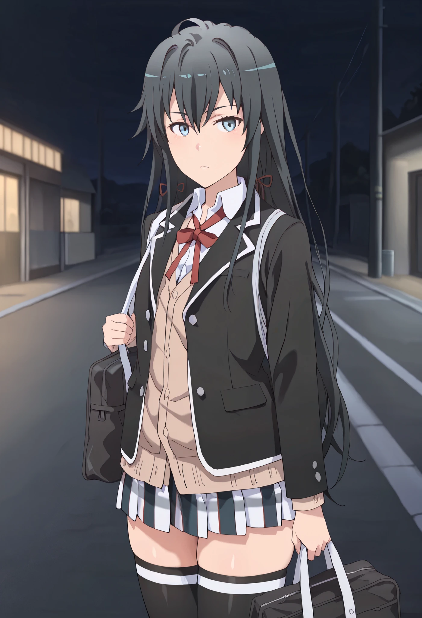 masterpiece,best quality,amazing quality, yukinoshita yukino, long hair, black hair, blue eyes, 1girl, sobu high school uniform, bag, night, jacket, looking at viewer, outdoors, solo, road, black jacket, street, shirtsobu high school uniform,black jacket,skirt,black thighhighs,brown cardigan,