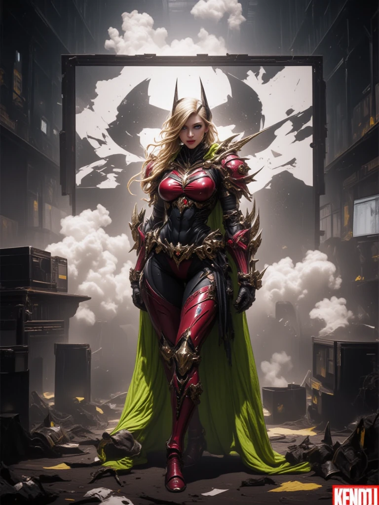 1girl, long blonde straight hair with bangs, serious expression, green eyes, superhero girl, red-black dragon dress, dragon head mask, dragon armor dress, dragon head mask on head covering half the face, dragon head mask falling to forehead and nose, dragon head mask on ground from forehead to nose, (best quality,4k,8k,highres,masterpiece:1.2),ultra-detailed,(realistic,photorealistic,photo-realistic:1.37), highly detailed, intricate details, hyper realistic, cinematic lighting, dramatic lighting, vibrant colors, fantasy, concept art, digital painting