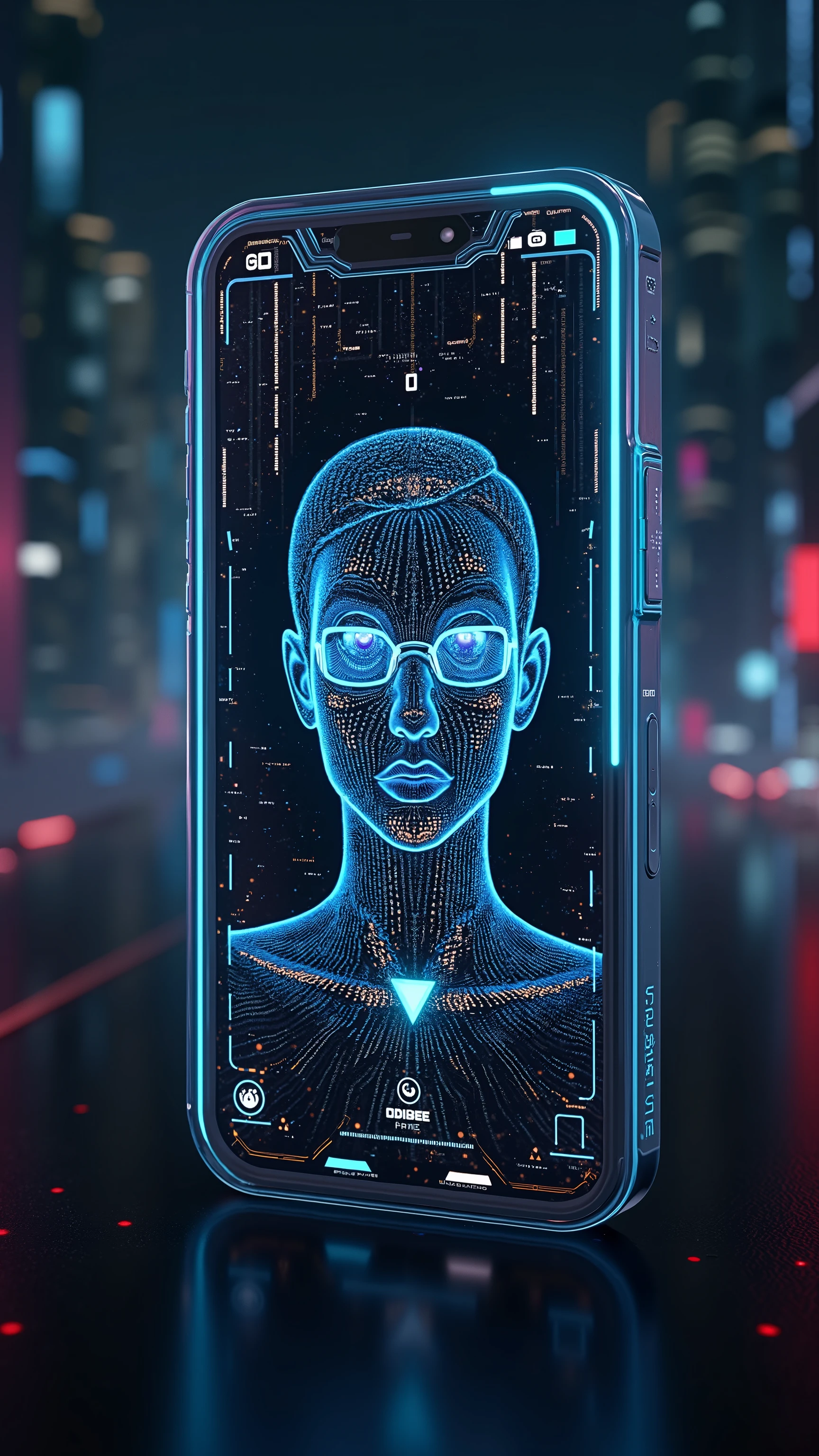 highly detailed surreal vfx, artem, realism, fantasy style 8 k octane render, 3 d stylize scene for CyberSwap, an advanced long-form video face-swapping application, requires a high-quality, 8K, photorealistic, hyperdetailed, physically-based-rendered corpo app in a noir-cyberpunk style. The logo should feature stunning lighting, a powerful composition, a Noir-cyberpunk aesthetic, a mobile device screen, neon, a sleek futuristic interface, a data stream background, metallic typography, glossy buttons, and a holographic design, all reflecting the advanced face-swapping technology.