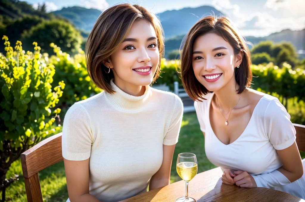 (Realistic:1.1),(masterpiece,Highest quality),8k,(49 years old), 53 years old, ベリーslimボディ、slimカップル、Tight waist,Upper Body,full-course dinner、wine 、Amazing view of the sunset sky and clouds、Perfect Anatomy, Brown Hair, short hair,Random Hairstyles,((Highly detailed face and eyes:1.2)),Perfect golden ratio face,Long sleeve shirt、dress,(smile:1.2)、Shortcuts、cute、(Realistic, Intricate details:1.2), A bright smile、short hair,Bright Face、赤wine 、Appetizers、Italian food、wine bottle、Champagne、スパークリングwine、(slimな顔), (The body is slim), (Brown Hair), (Shortcuts), Upper Body, 白wine, slim, wineグラス,