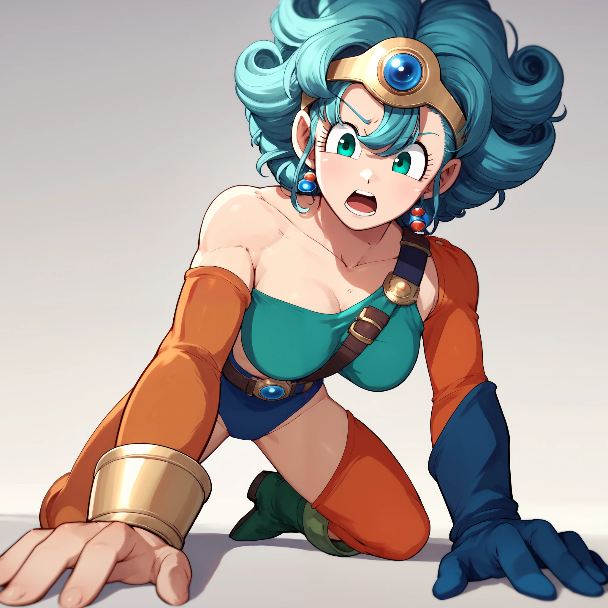 (masterpiece), best quality, expressive eyes, perfect face,(The light illuminates the groin),Alone, 1girl ,Ultra High Resolution,4K,Super Detail,break, Sofia /Heroine/Sofia (Dragon Quest IV),((skinny female)),((slender body)),A costume that fits the body,break,green eyes, chest,tiara,Fluffy Hair ,curly hair, blue null, midriff,big chest,shoulder out, GREEN LEG WEAR, eyelashes,tiara, shoulder strap, strap between breasts,light blue leotard,light blue panties,is, belt, single sleeve, single thighhigh, single glove, boots,break,(sofia on all fours,)).shoot from below,open mouth,grabbing own is,is focus,((back shot)),hip,